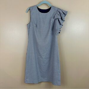 Banana Republic Blue Tan Checkered Plaid One Shoulder Ruffle Dress 6P Preppy